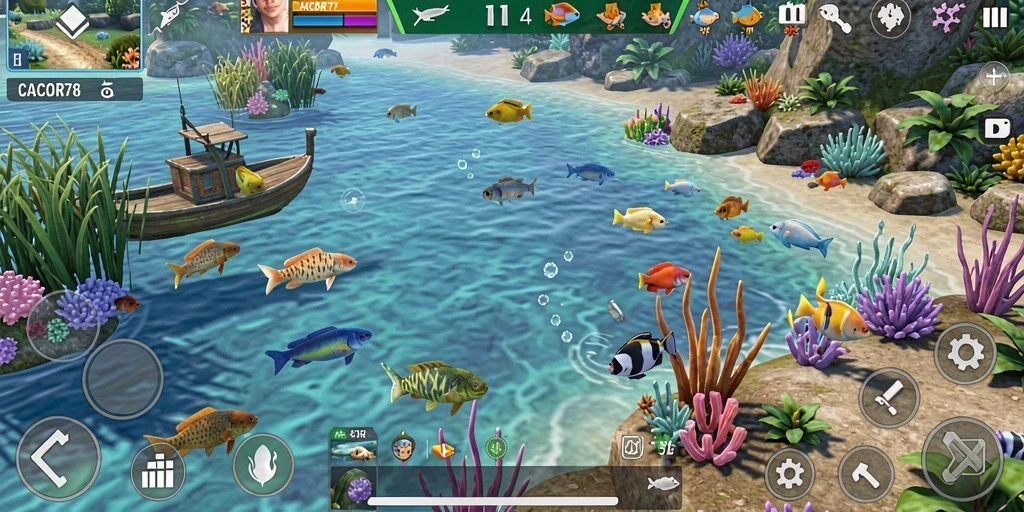 Screenshot utama CACOR78 menampilkan aksi menangkap ikan yang mendebarkan.