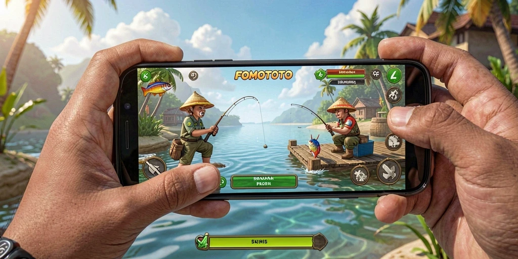 Tampilan gameplay <strong>FOMOTOTO</strong> di lokasi memancing yang indah.