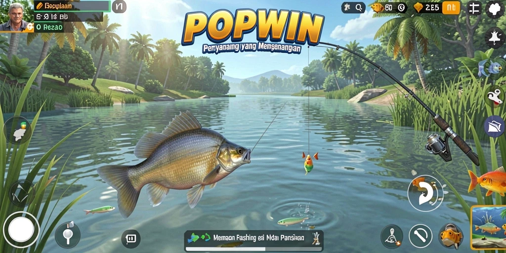 Screenshot gameplay POPWIN yang menunjukkan aksi memancing yang seru.