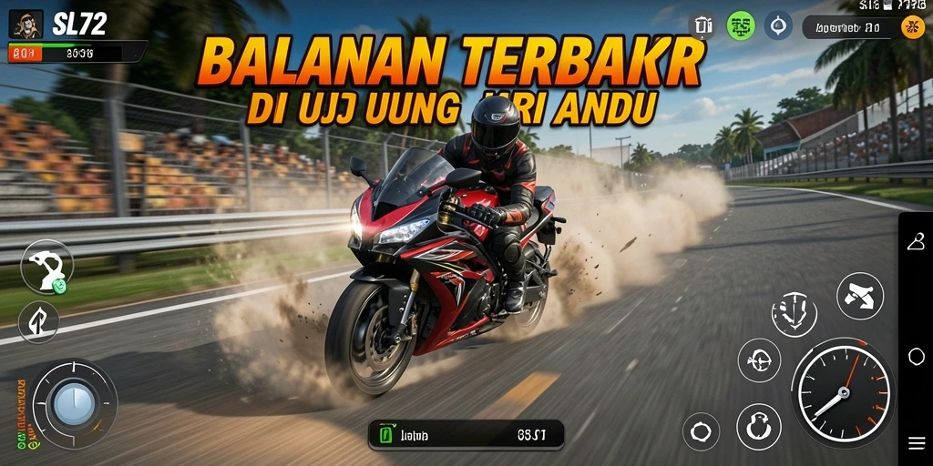 Screenshot gameplay SL72 menampilkan balapan motor yang intens.