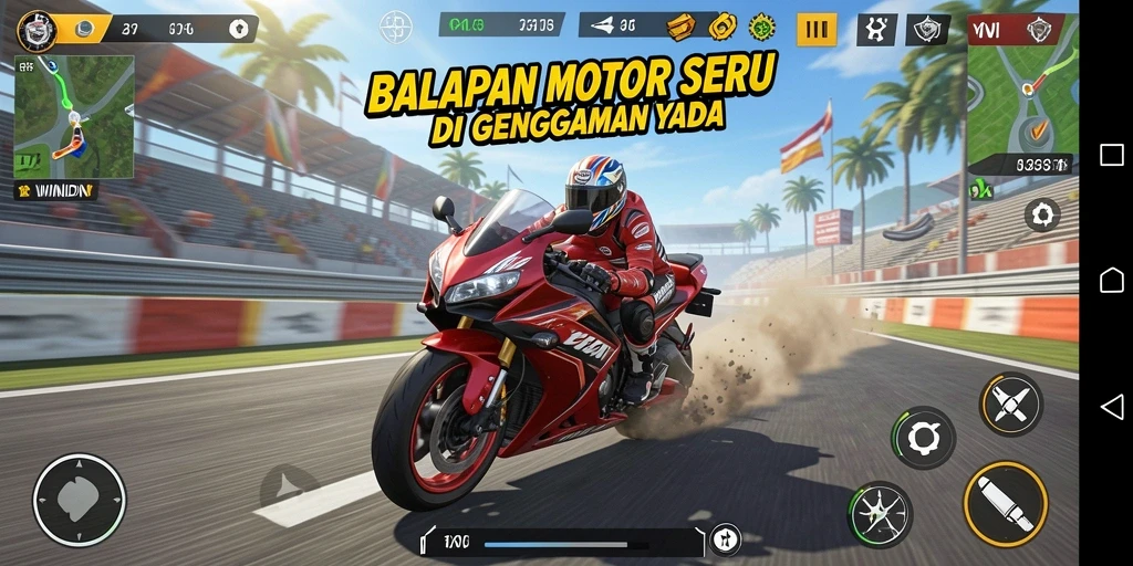Gameplay seru WINIDN dengan balapan motor yang mendebarkan.